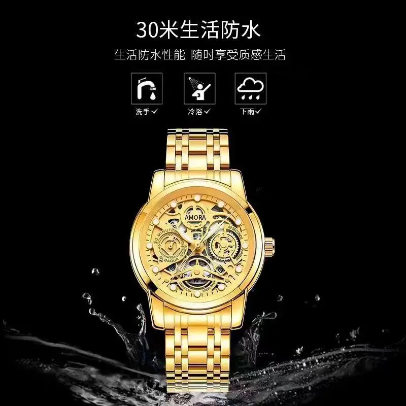 Luxury Skeleton Quartz Watch Black Gold Mechanical Gift — feature 2