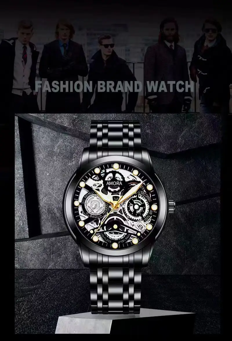 Luxury Skeleton Quartz Watch Black Gold Mechanical Gift — feature 25