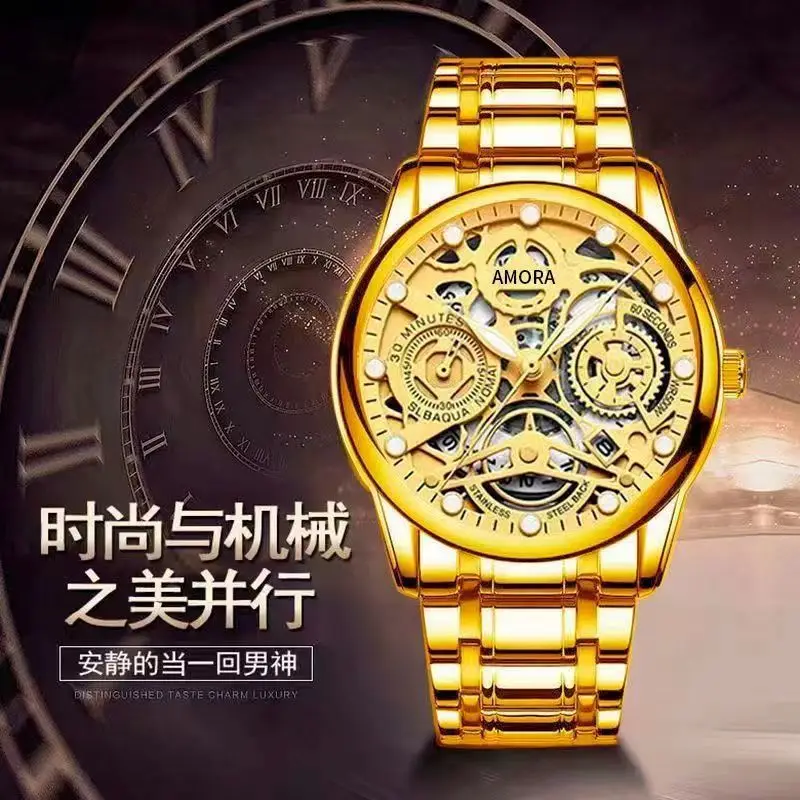 Luxury Skeleton Quartz Watch Black Gold Mechanical Gift — feature 3