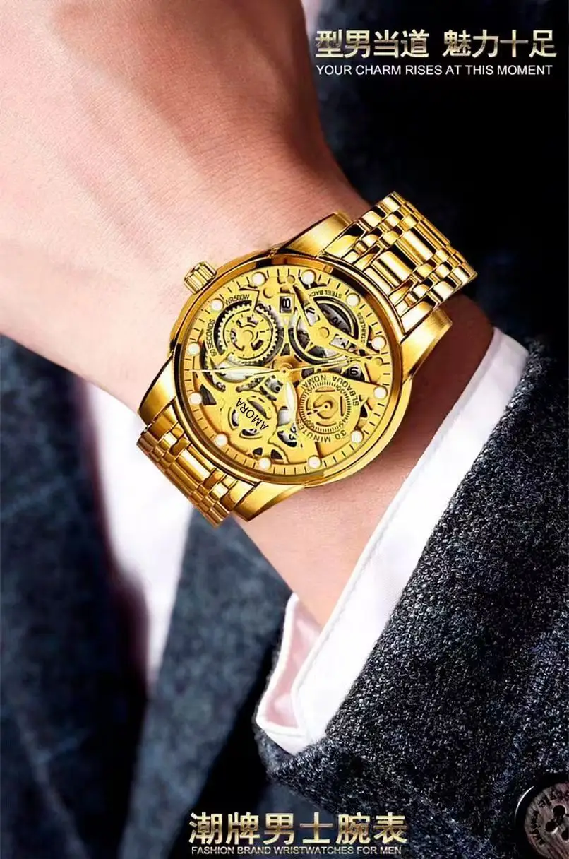 Luxury Skeleton Quartz Watch Black Gold Mechanical Gift — feature 6