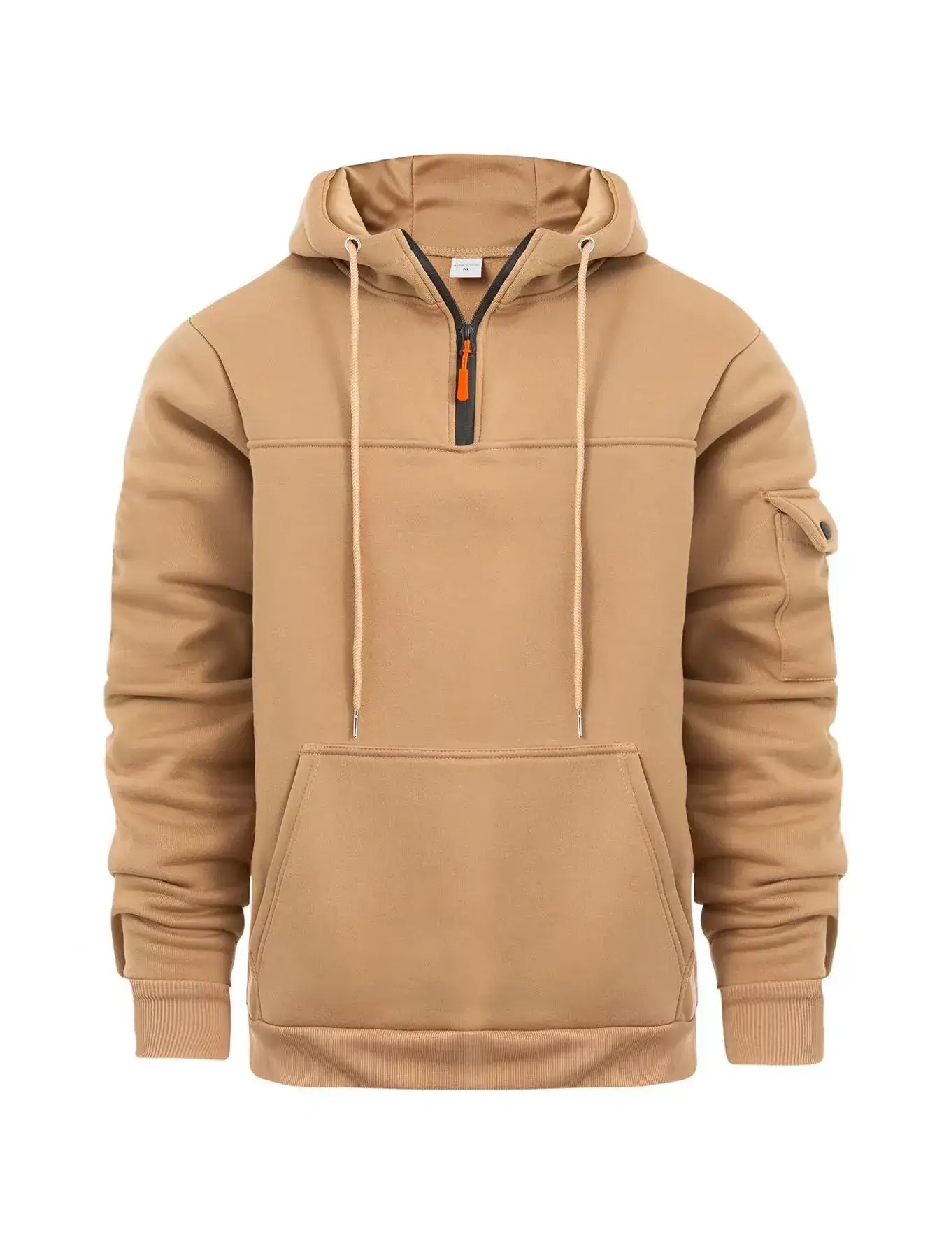 Men's Beige Zipper Hoodie Multi-Pocket Sweatshirt - Image 7