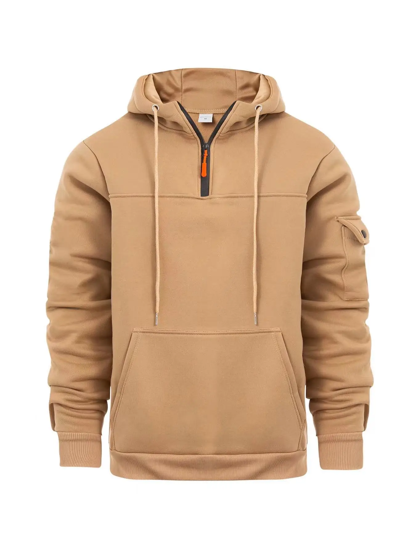 Men's Beige Zipper Hoodie Multi-Pocket Sweatshirt — feature 6