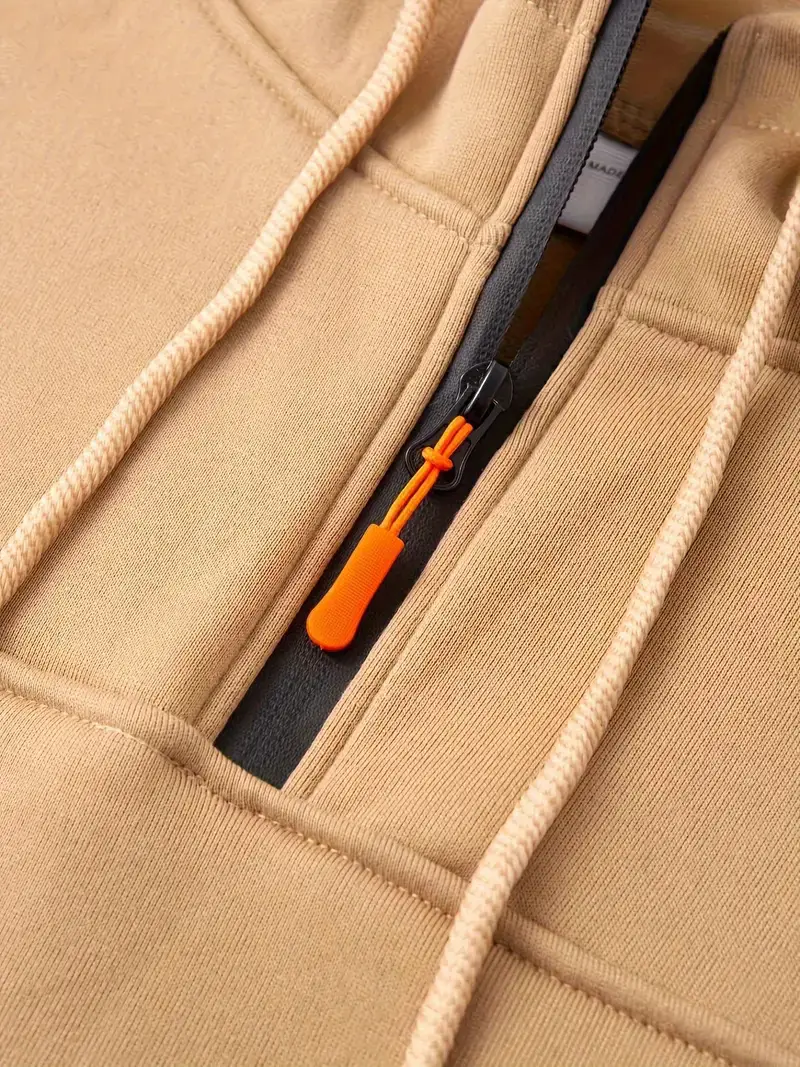 Men's Beige Zipper Hoodie Multi-Pocket Sweatshirt — feature 8