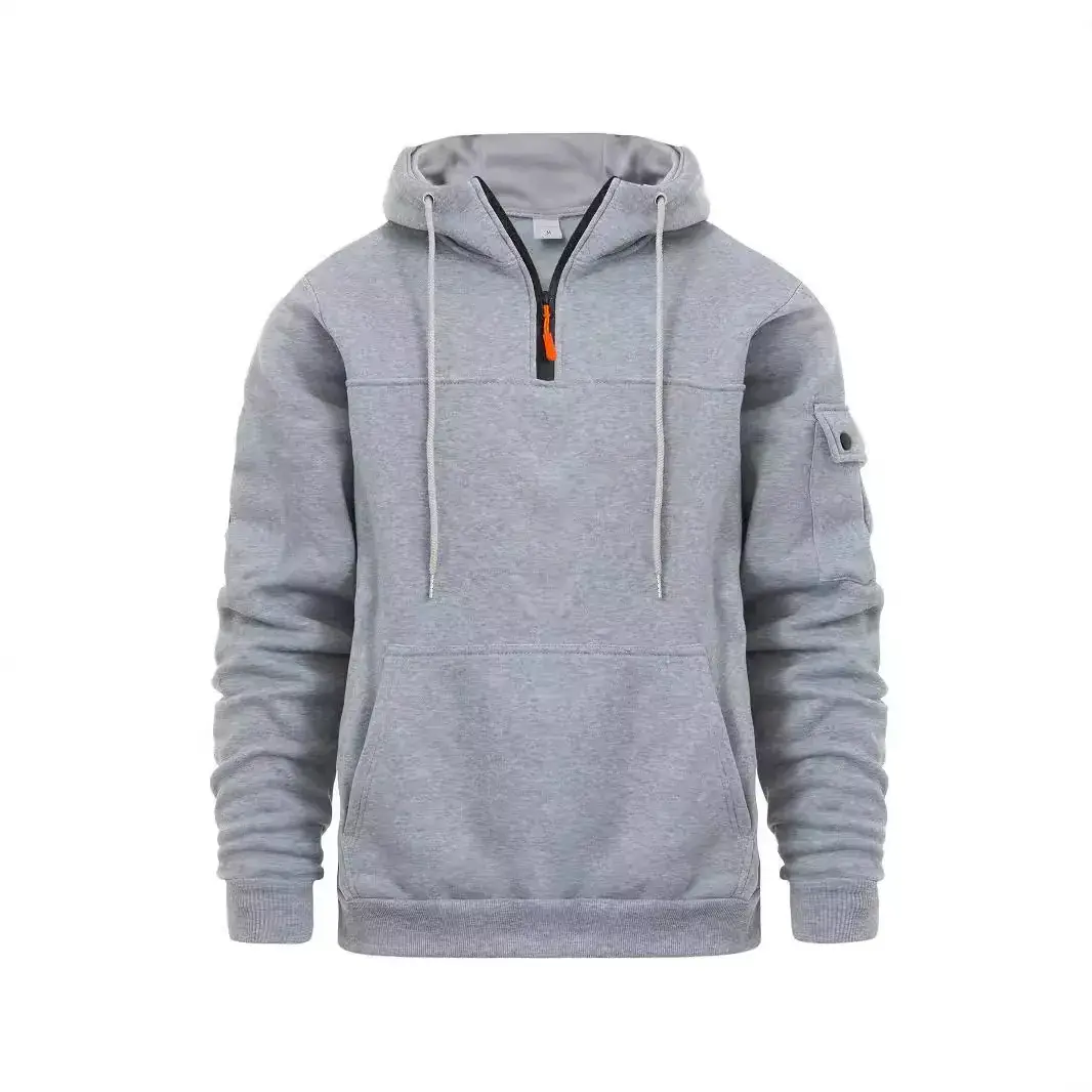 Men's Beige Zipper Hoodie Multi-Pocket Sweatshirt - Image 2