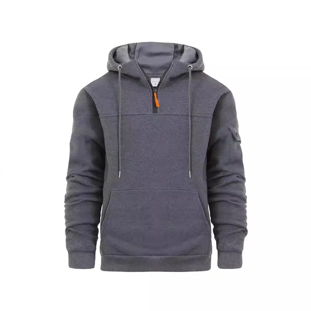 Men's Beige Zipper Hoodie Multi-Pocket Sweatshirt - Image 3