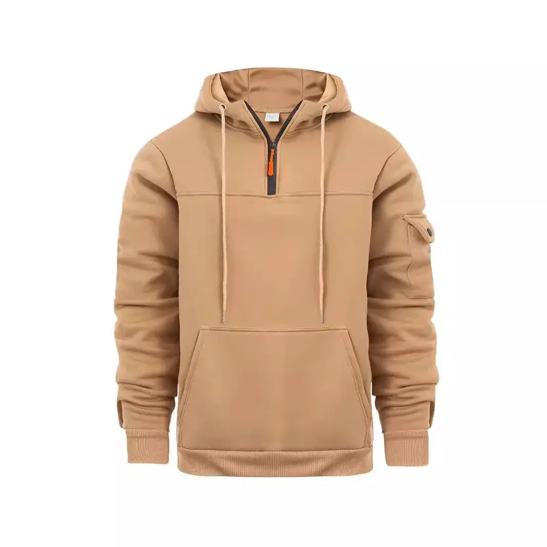 Men's Beige Zipper Hoodie Multi-Pocket Sweatshirt - Image 4