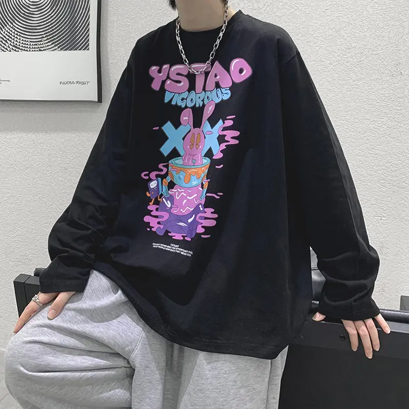 Long Sleeve Cartoon Print T-Shirt Turquoise Loose Fit - Image 2
