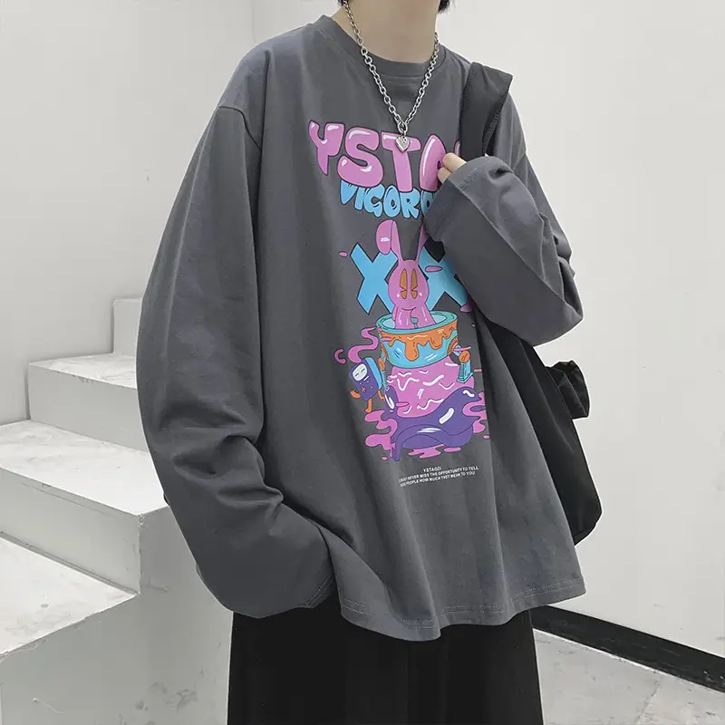 Long Sleeve Cartoon Print T-Shirt Turquoise Loose Fit - Image 3