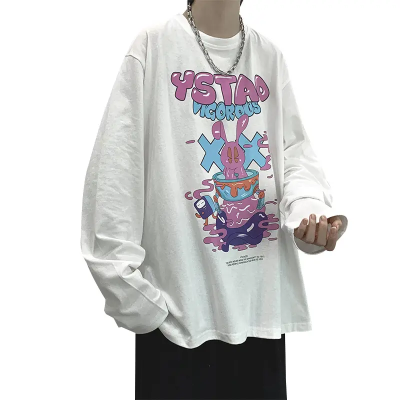 Long Sleeve Cartoon Print T-Shirt Turquoise Loose Fit - Image 5