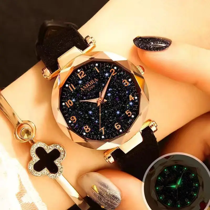 Women's Red Strap Quartz Watch with Star Face Dial