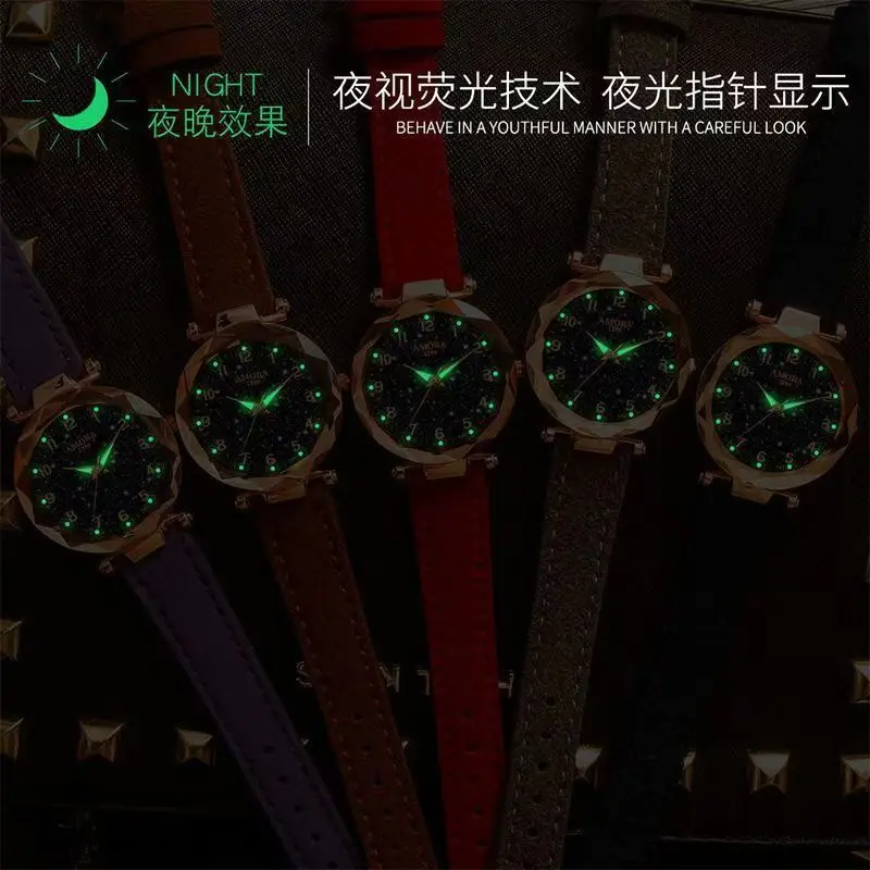 Women's Red Strap Quartz Watch with Star Face Dial