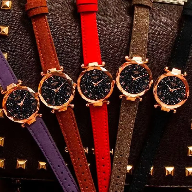 Women's Red Strap Quartz Watch with Star Face Dial