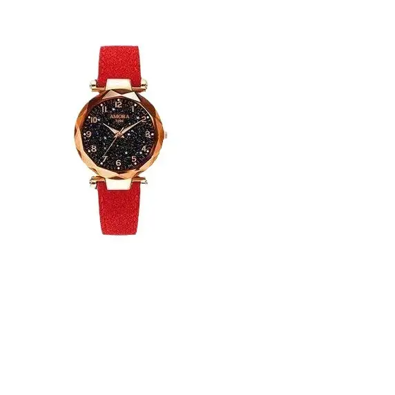 Women's Red Strap Quartz Watch with Star Face Dial
