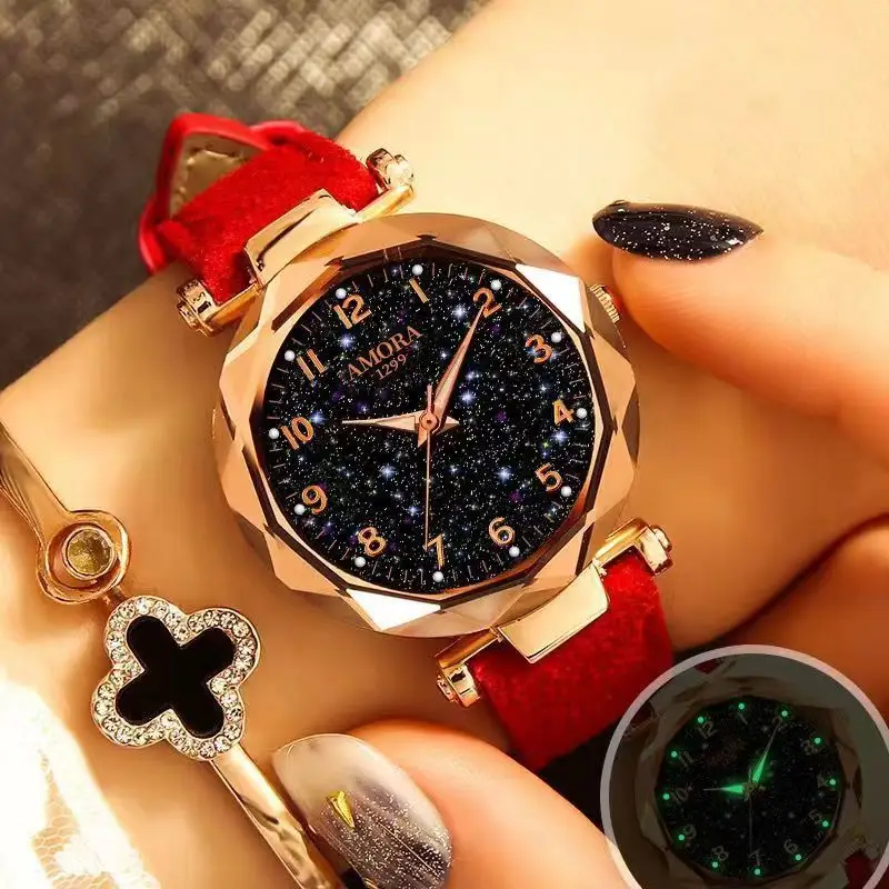 Women's Red Strap Quartz Watch with Star Face Dial