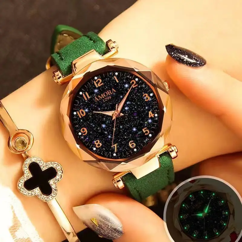 Women's Red Strap Quartz Watch with Star Face Dial