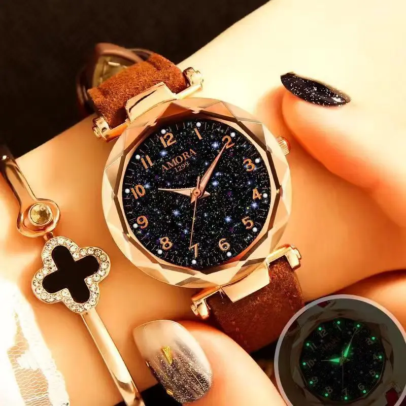 Women's Red Strap Quartz Watch with Star Face Dial