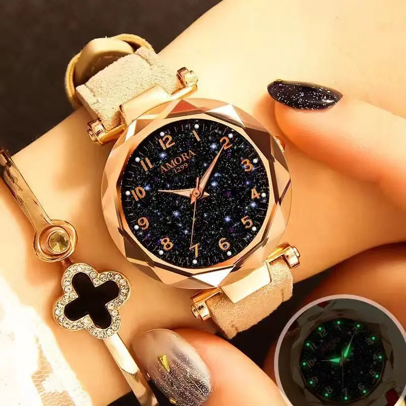 Women's Red Strap Quartz Watch with Star Face Dial