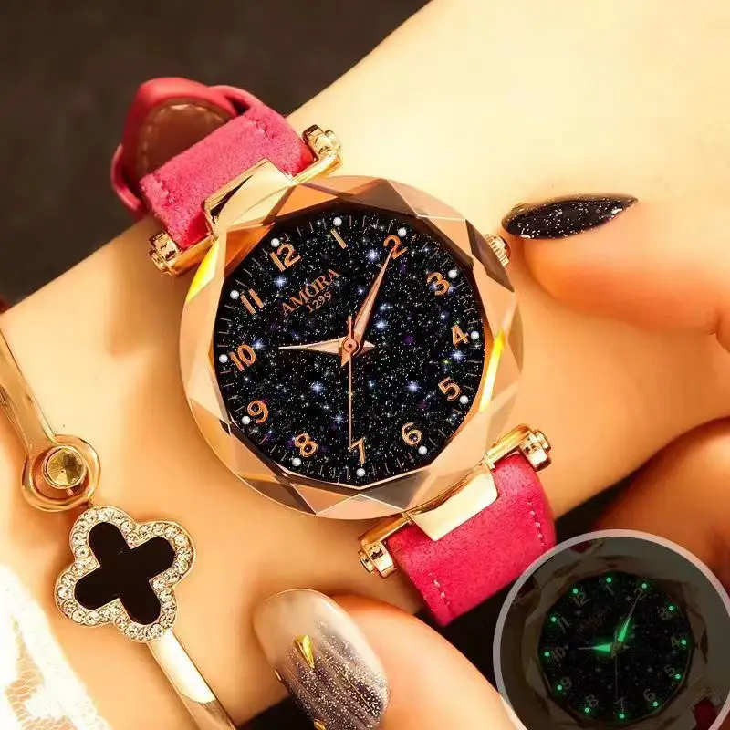 Women's Red Strap Quartz Watch with Star Face Dial