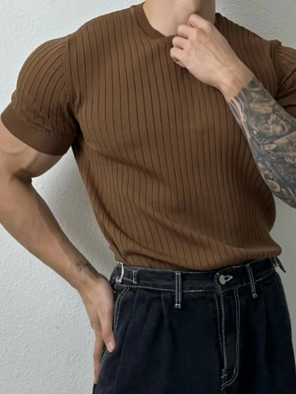 Men's Brown Knitted Slim Fit T-Shirt with Half Sleeve — feature 38