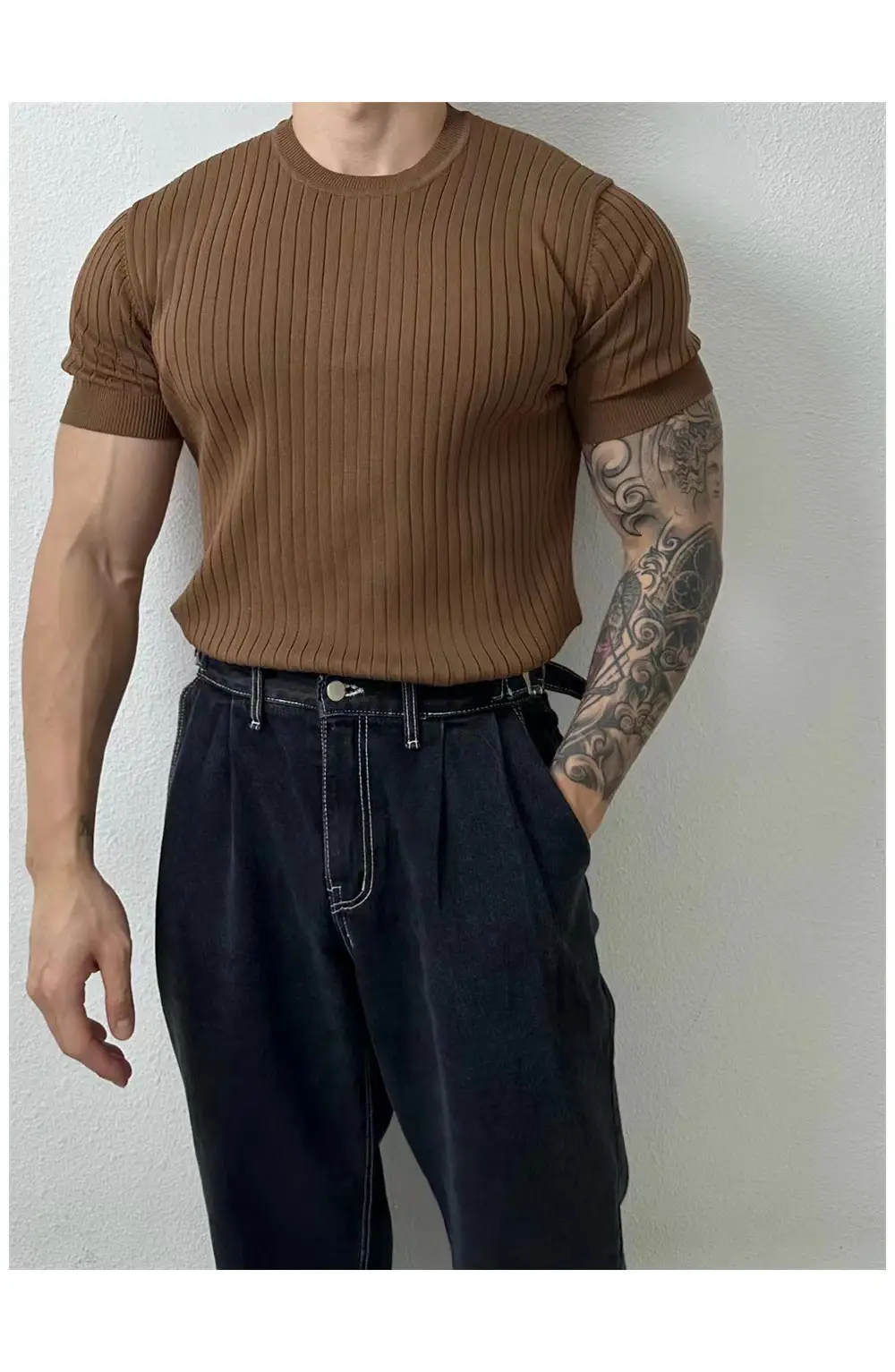 Men's Brown Knitted Slim Fit T-Shirt with Half Sleeve — feature 48