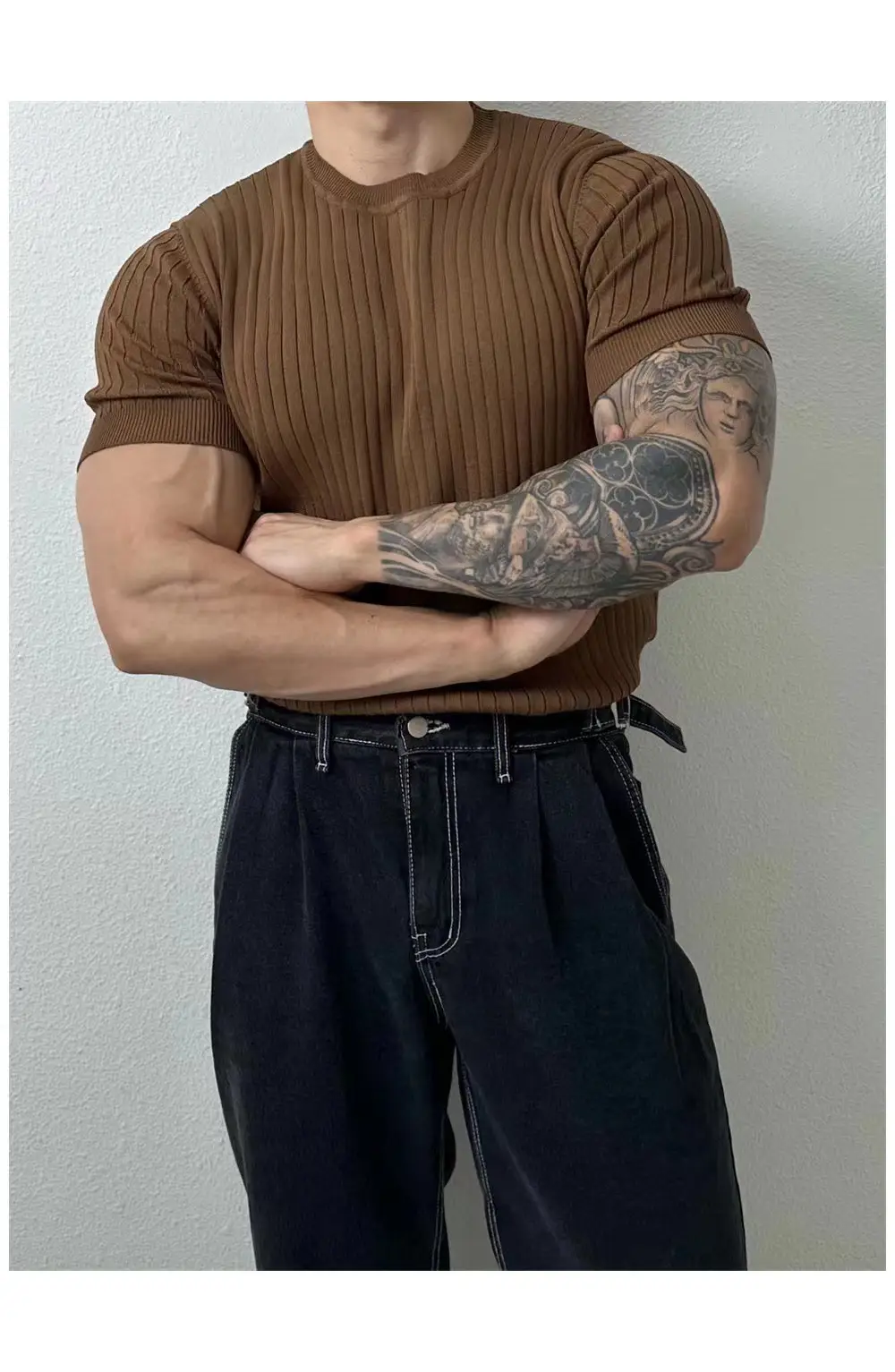 Men's Brown Knitted Slim Fit T-Shirt with Half Sleeve — feature 49