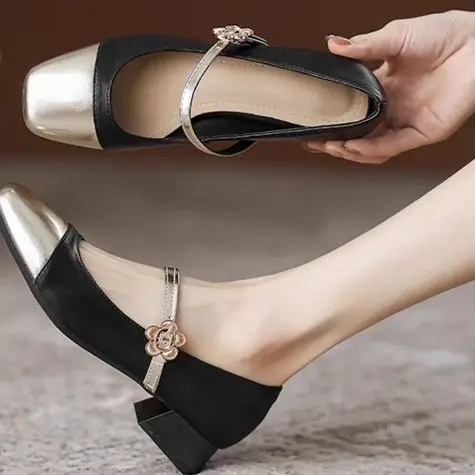 Colorblock Mary Jane Women's Shoes 2024 Summer New French Style Chanel Style Leather Shoes Fairy Style Elegant Shallow Mouth Single-layer Shoes - Image 4