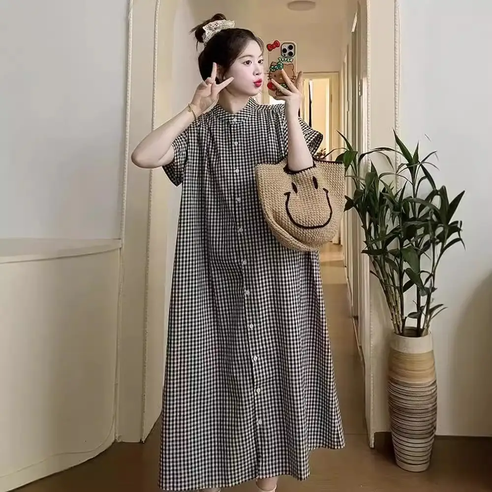 Pregnant women's clothing retro art plaid shirt long short sleeve A word women's spring 2024 new loose dress