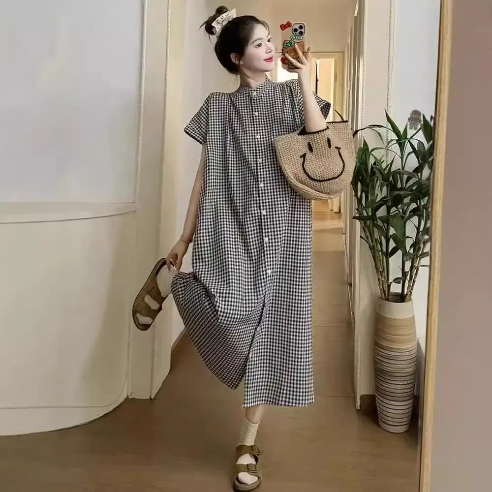 Pregnant women's clothing retro art plaid shirt long short sleeve A word women's spring 2024 new loose dress