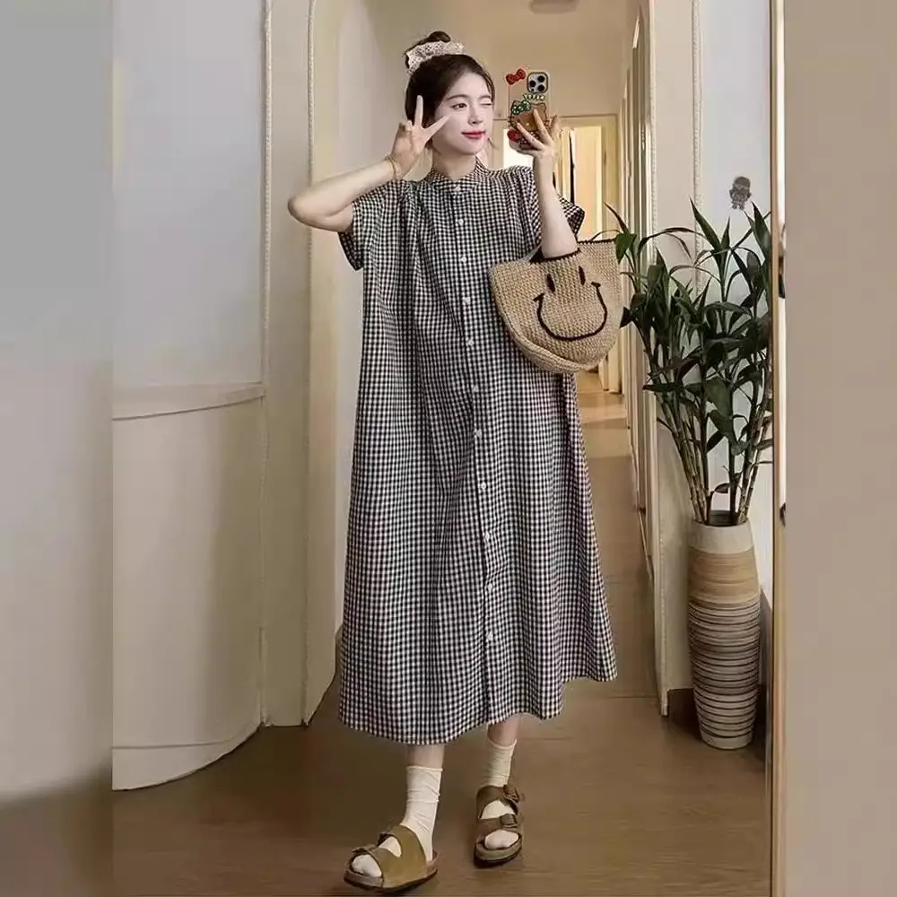 Pregnant women's clothing retro art plaid shirt long short sleeve A word women's spring 2024 new loose dress
