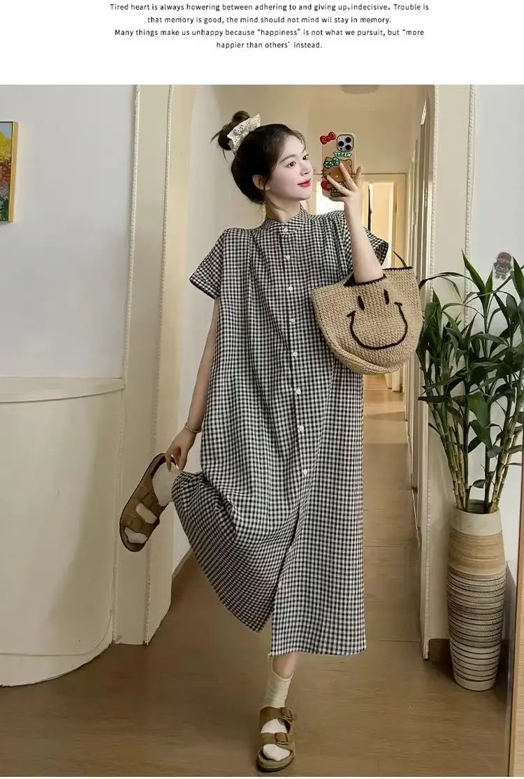 Pregnant women's clothing retro art plaid shirt long short sleeve A word women's spring 2024 new loose dress — feature 2