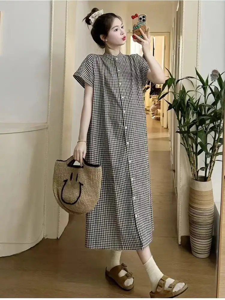 Pregnant women's clothing retro art plaid shirt long short sleeve A word women's spring 2024 new loose dress — feature 4