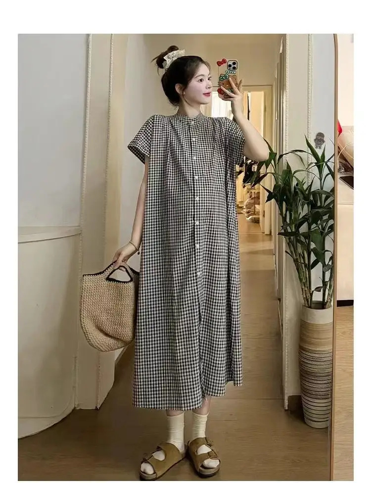 Pregnant women's clothing retro art plaid shirt long short sleeve A word women's spring 2024 new loose dress — feature 5