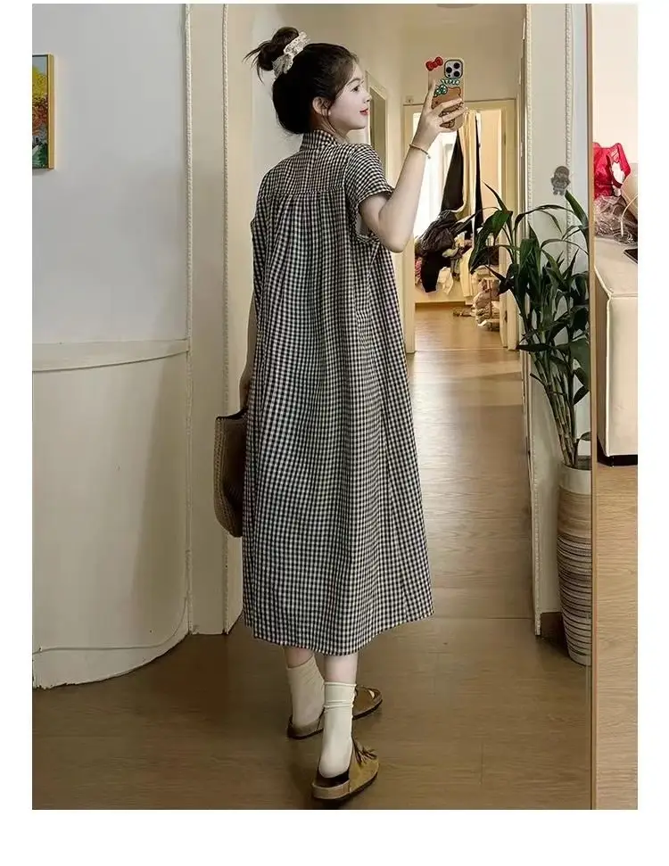 Pregnant women's clothing retro art plaid shirt long short sleeve A word women's spring 2024 new loose dress — feature 9