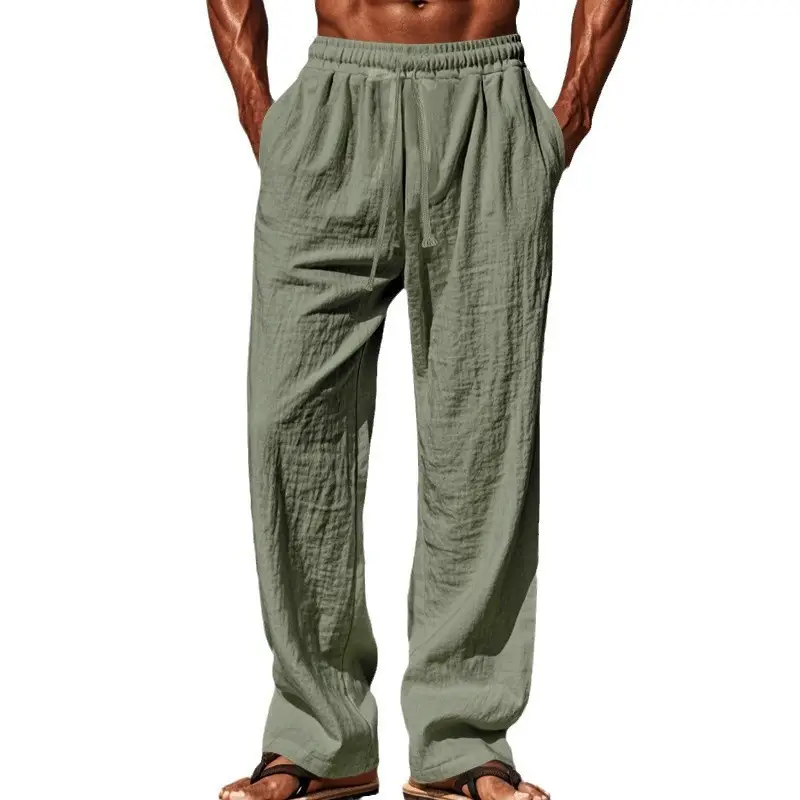 Men Cotton Linen Wide Leg Pants Brown Spring Fall - Image 10