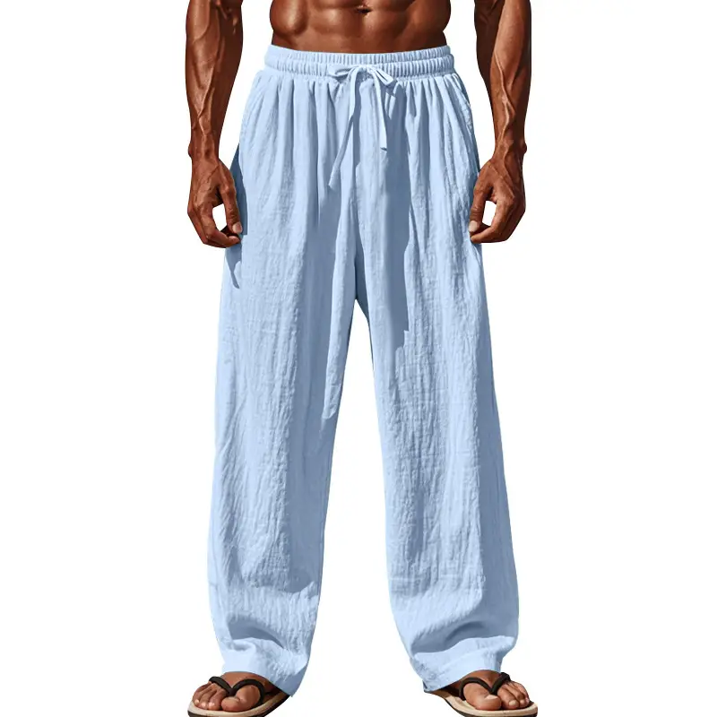Men Cotton Linen Wide Leg Pants Brown Spring Fall - Image 11