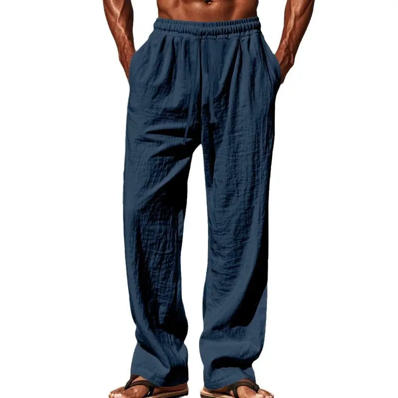Men Cotton Linen Wide Leg Pants Brown Spring Fall - Image 12