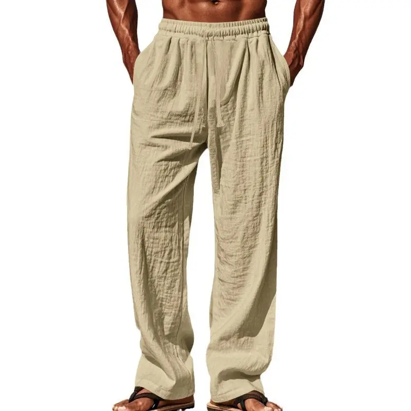 Men Cotton Linen Wide Leg Pants Brown Spring Fall - Image 13