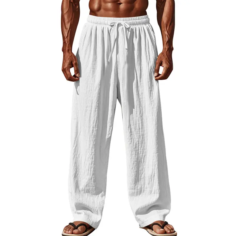 Men Cotton Linen Wide Leg Pants Brown Spring Fall — feature 11