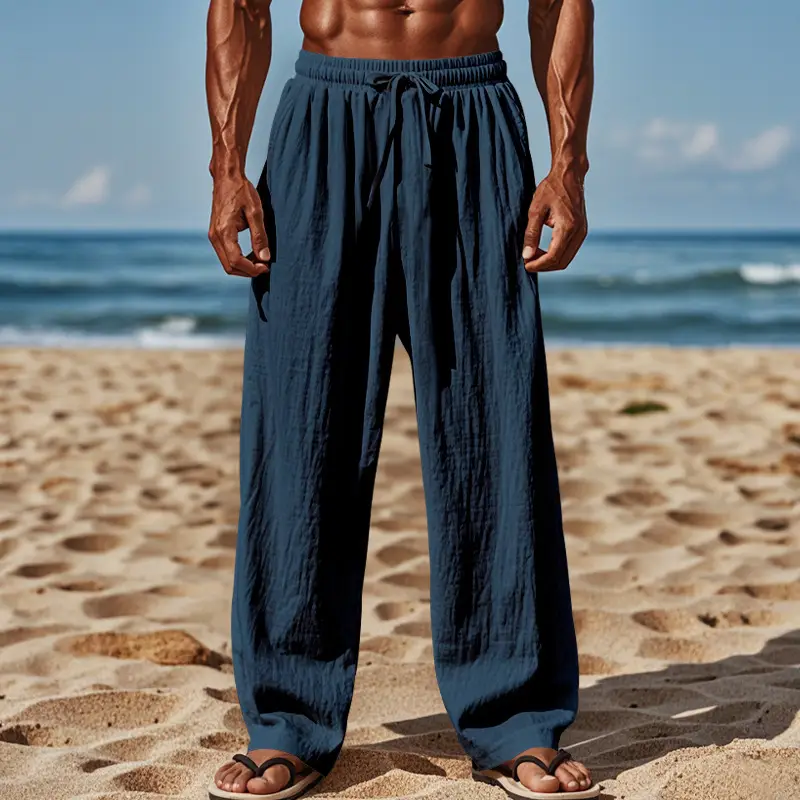 Men Cotton Linen Wide Leg Pants Brown Spring Fall — feature 12