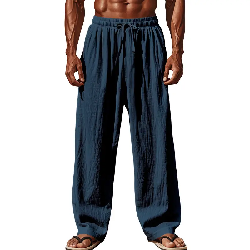 Men Cotton Linen Wide Leg Pants Brown Spring Fall — feature 19