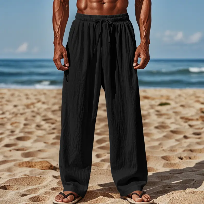 Men Cotton Linen Wide Leg Pants Brown Spring Fall — feature 20