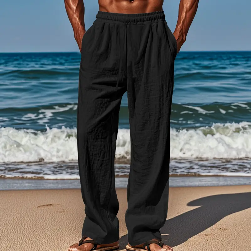 Men Cotton Linen Wide Leg Pants Brown Spring Fall — feature 21