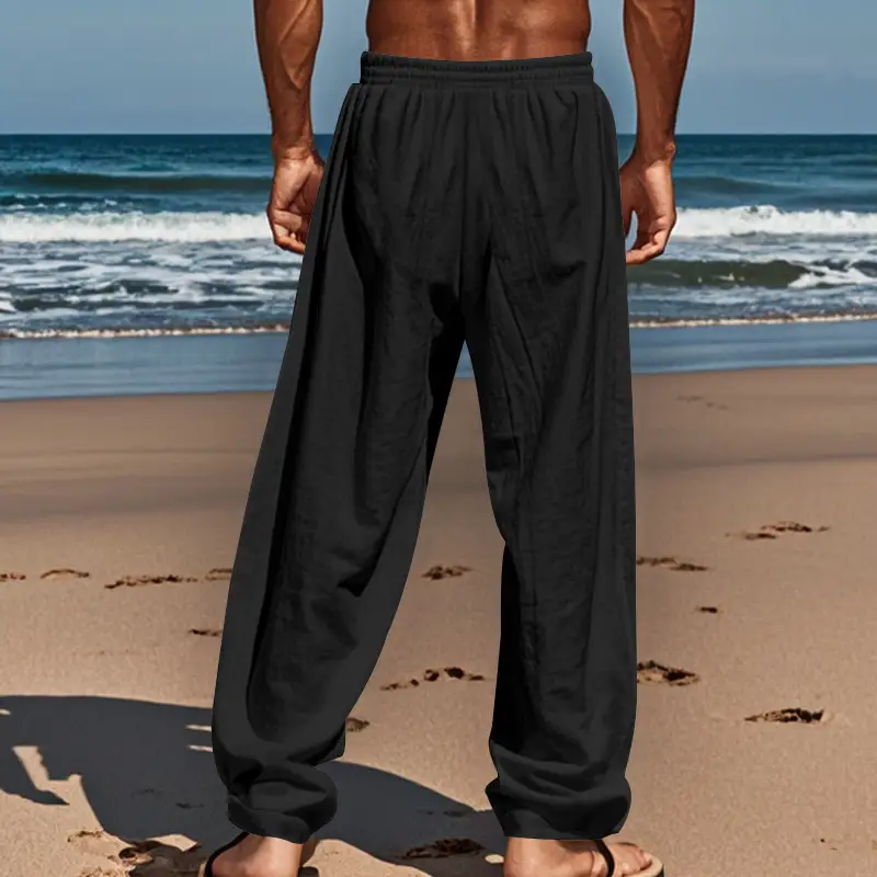 Men Cotton Linen Wide Leg Pants Brown Spring Fall — feature 22