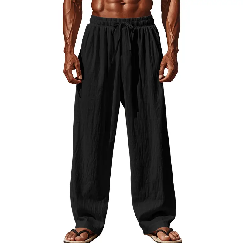 Men Cotton Linen Wide Leg Pants Brown Spring Fall — feature 27