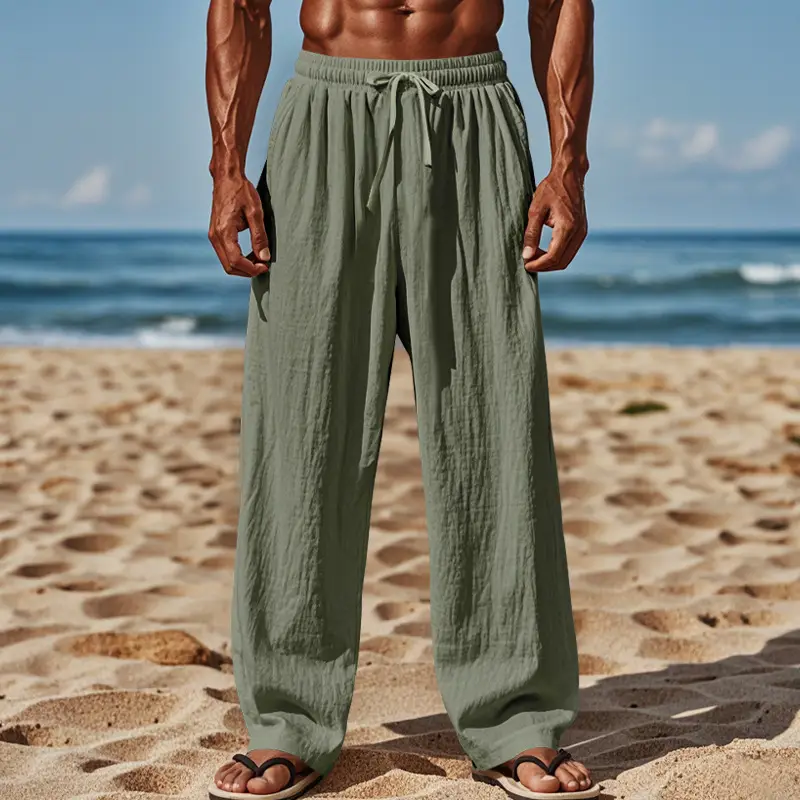 Men Cotton Linen Wide Leg Pants Brown Spring Fall — feature 28