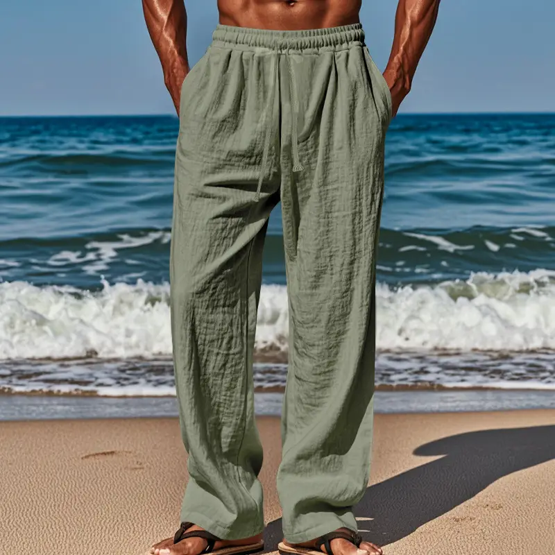 Men Cotton Linen Wide Leg Pants Brown Spring Fall — feature 29
