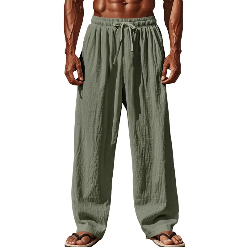 Men Cotton Linen Wide Leg Pants Brown Spring Fall — feature 35