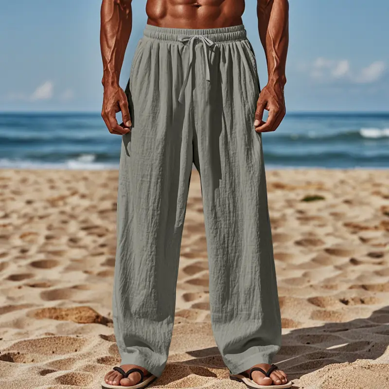 Men Cotton Linen Wide Leg Pants Brown Spring Fall — feature 36