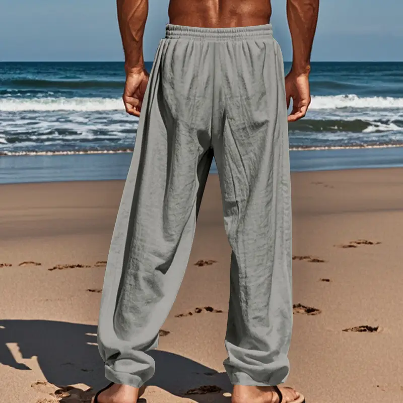 Men Cotton Linen Wide Leg Pants Brown Spring Fall — feature 38