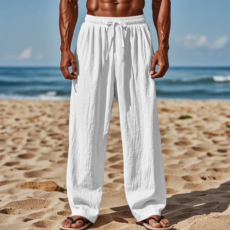 Men Cotton Linen Wide Leg Pants Brown Spring Fall — feature 4